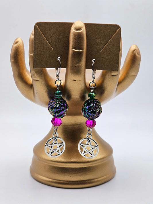 Dark Iridescent Blossom and Pentagram Earrings